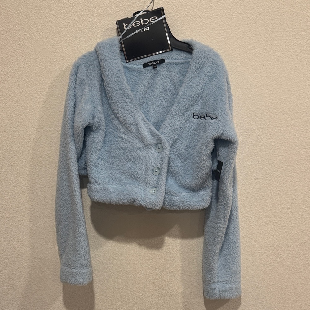 Bebe Baby Blue Fuzzy Fleece shorts and cardigan Set